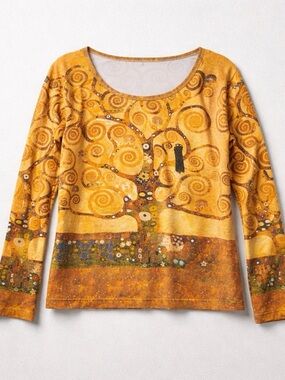 Klimt Inspired Golden Swirl Tree Scoop-Neck Long Sleeve Top